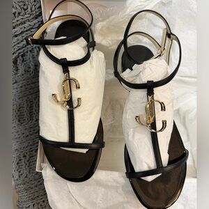 Jimmy Choo Black Sandals with Gold Logo - NEW IN BOX!!